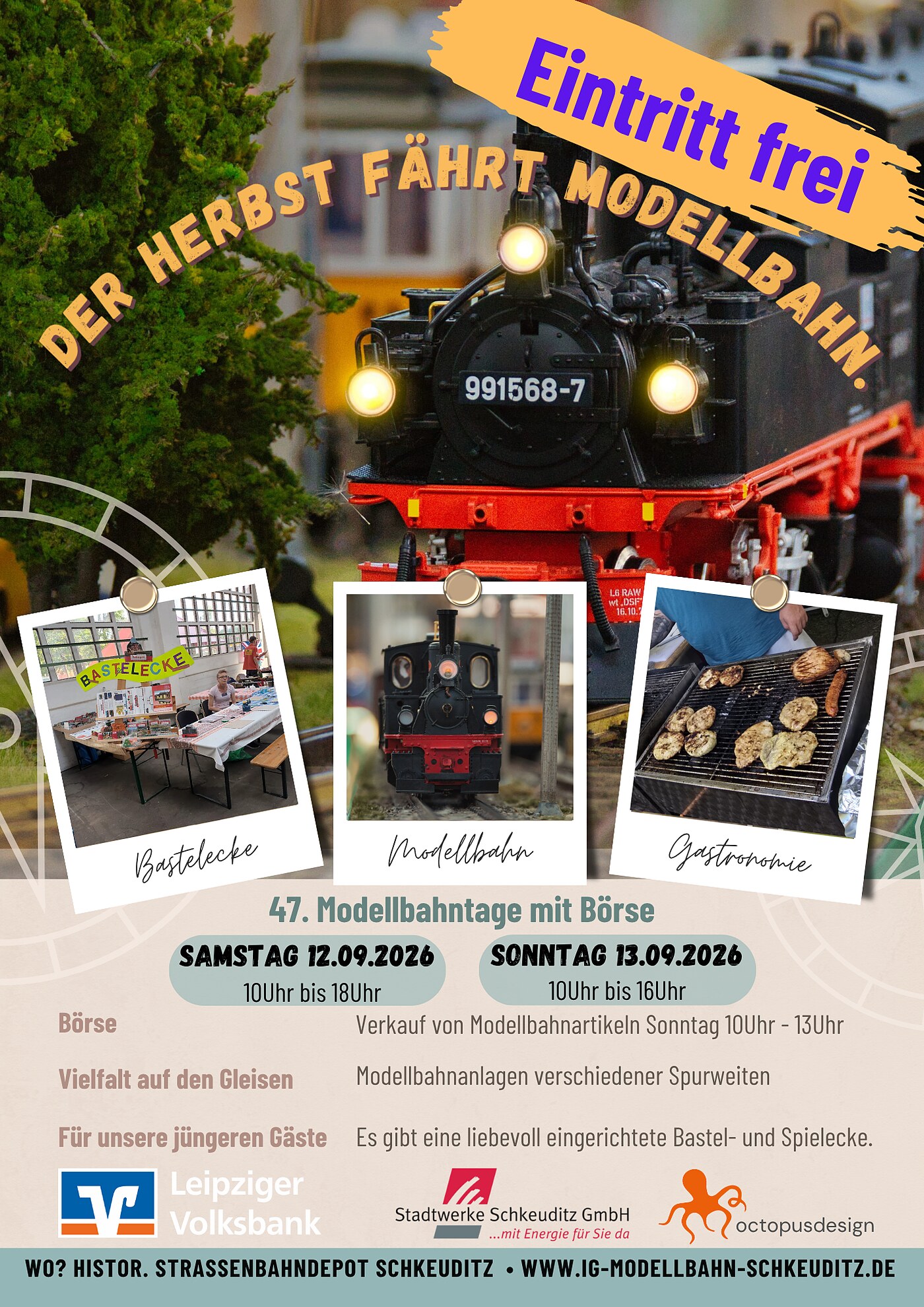Plakat: 47. Modellbahntage mit Börse · 12.–13. September 2026 im Depot Schkeuditz · Eintritt frei